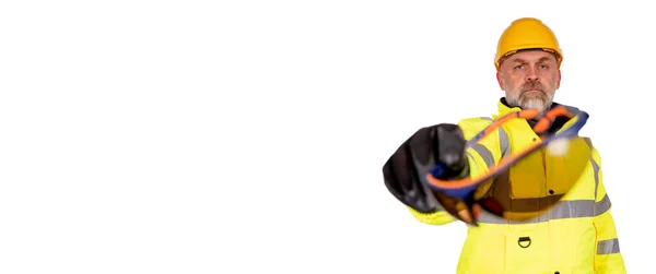 Ein Bauarbeiter Gelbem Helm Hellgelbem Reflektierendem Hallo Sicht Fleeceund Schutzhandschuhen — Stockfoto