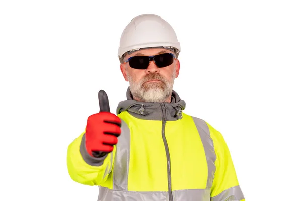 Ein Bauarbeiter Mit Weißem Bollenhut Leuchtend Gelbem Reflektierendem Hallo Sicht — Stockfoto
