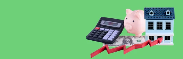 Pink Piggy Bank Dollar Calculator House Green Background Savings Loan — Stock Photo, Image