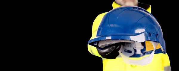 Builder Yellow Helmet Bright Yellow Reflective Visibility Fleeceand Safety Gloves — 스톡 사진