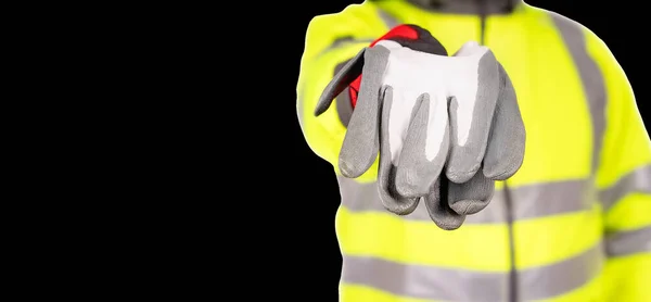 Ein Bauarbeiter Gelbem Helm Hellgelbem Reflektierendem Hallo Sicht Fleeceund Schutzhandschuhen — Stockfoto