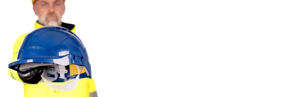 Строитель Жёлтой Каске Ярко Жёлтой Отражающей Высоковидимой Шерсти Защитных Перчаток — стоковое фото