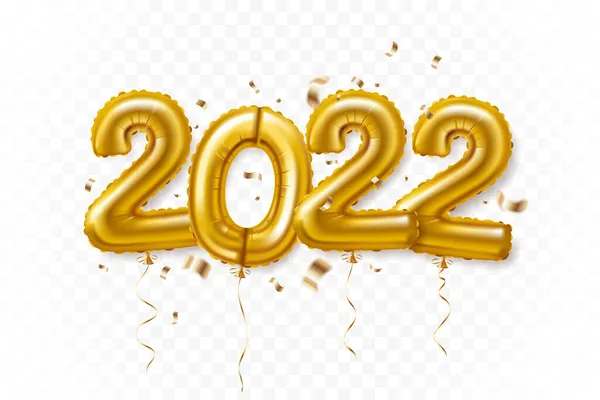 Mutlu yıllar 2022. Kurdeleli altın folyo balonlar ve gerçekçi bir şekilde düşen konfeti. Şeffaf arkaplanda izole edilmiş. Tebrik kartı, parti davetiyesi, afiş için ideal. Vektör 10.