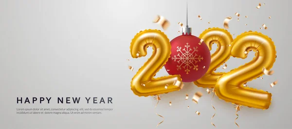 祝2022年新年快乐水平横幅设计 金箔气球 上面有红色的大圣诞球 在明亮的背景下隔绝掉下的意大利面 3D风格 寒假贺卡设计 — 图库矢量图片