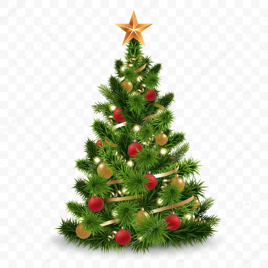 Vector christmas tree isolated on transparent background. Beautiful shining christmas tree with decorations - balls, garlands, bulbs, tinsel and a golden star at the top. Realistic style. Eps 10