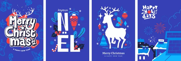 Συλλογή Ευχετήριων Καρτών Χριστουγέννων Χειμερινές Διακοπές Εικονογράφηση Σετ Εορταστικά Γραφικά — Διανυσματικό Αρχείο