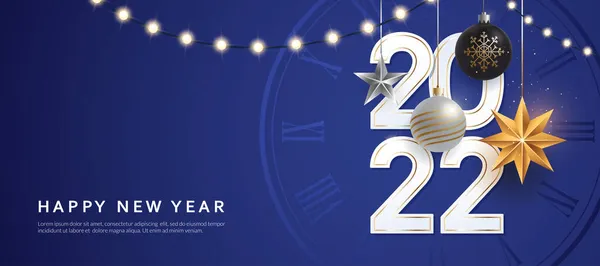 祝您在2022年新年贺卡模板上有副本空间 挂在蓝色背景上的圣诞灯笼和灯泡花环 寒假横幅概念 节日的头 矢量头10 — 图库矢量图片