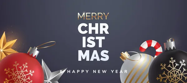 Feliz Navidad Feliz Año Nuevo Diseño Banner Con Adornos Navideños — Vector de stock