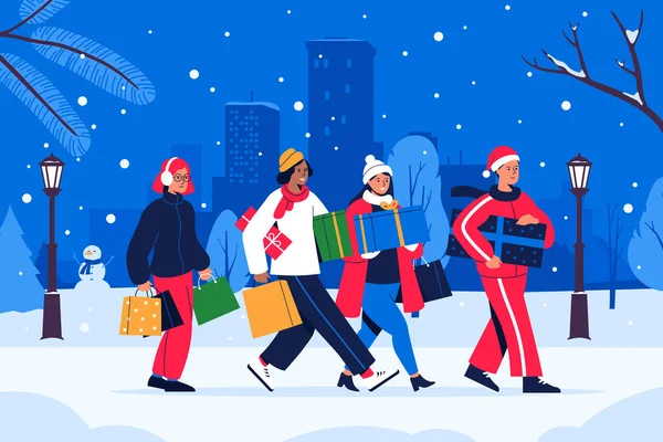 雪の通りに沿ってギフトやバッグを持つ幸せな人々が歩く 男性と女性はクリスマスセールで贈り物を買う 冬休みに買い物 都市景観の背景 ベクターイラスト — ストックベクタ