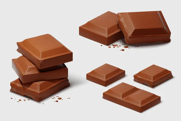 Realistische Schokoladenstücke Isoliert Auf Weiß Haufen Vollmilchschokolade Stil Kakao Produkt — Stockvektor
