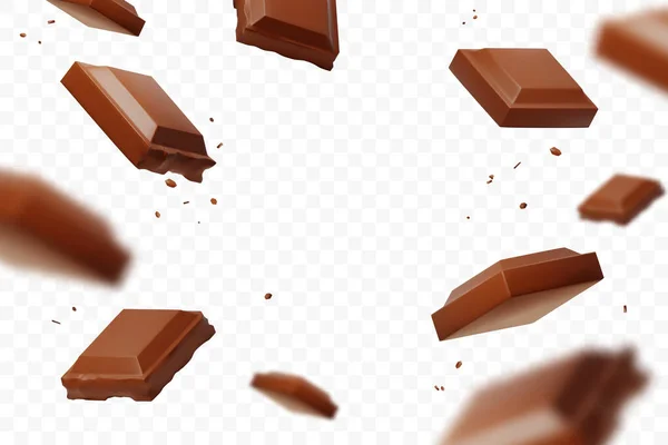 Reális Csökkenő Csokoládé Darab Elszigetelt Átlátszó Háttérrel Levitálom Tejcsokoládé Darabokat — Stock Vector