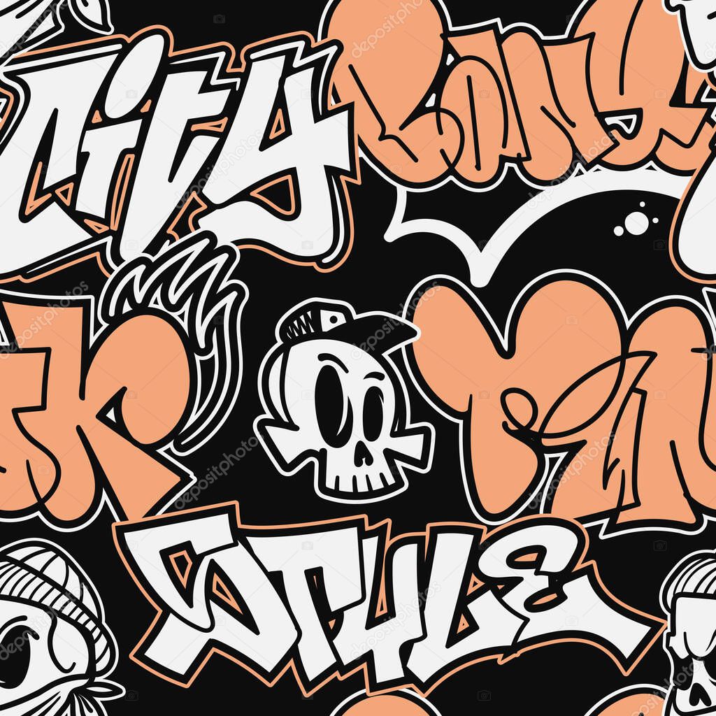 Vector graffiti seamless pattern. Abstract graffiti words and funny skull characters in doodle style isolated on black. Street art background. Use for poster, t-shirt design, textile, wrapping paper.