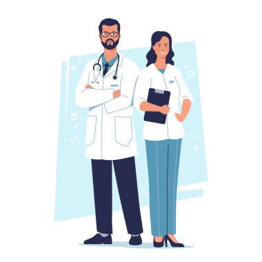 Steteskoplu ve tabletli iki genç doktor mavi arka planda izole edilmiş. Genç tıp çalışanları, erkek ve kadın. Stajyer doktorlardan oluşan bir ekip. Vektör illüstrasyonu.