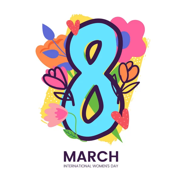 3月8日かわいい子供の絵のスタイルでグリーティングカードのデザイン 国際女性の日の装飾的なカラフルなポスターの番号8と白に隔離された花 ベクターイラスト ストックイラスト