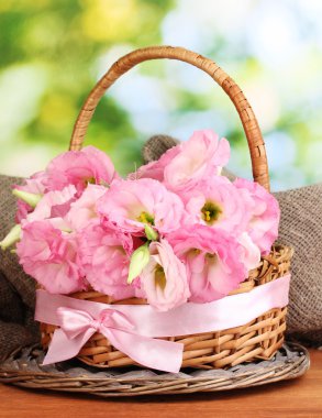 buket eustoma çiçek sepeti, yeşil zemin üzerine ahşap tablo