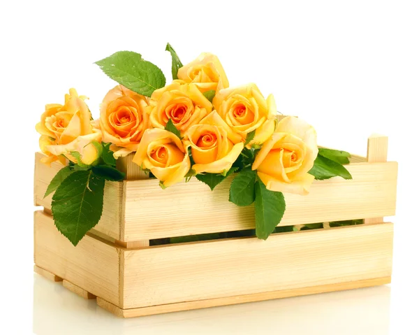 Piękny bukiet róż w drewniane pudełko na białym tle — Zdjęcie stockowe