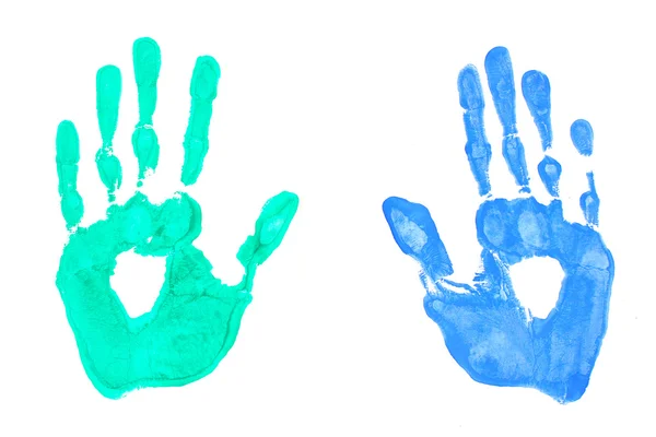 Bright blue and green handprints on white background close-up — Stock Photo, Image
