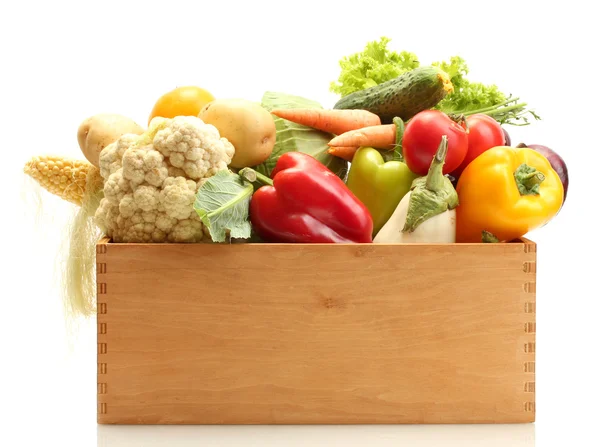 Fresh vegetables in wooden box isolated on white — Stock Photo, Image