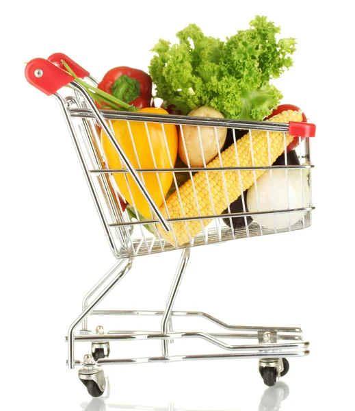 Fresh vegetables in metal trolley isolated on white background — Stock Photo, Image