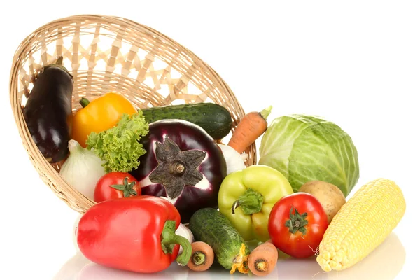 Fresh vegetables in wicker basket isolated on white — Stock Photo, Image