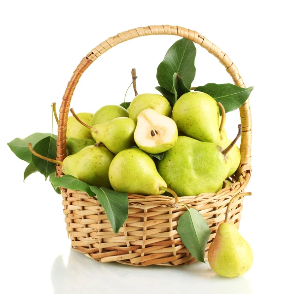 Juicy flavorful pears in basket isolated on white — Stock Photo, Image