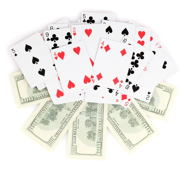 美元和扑克牌上白色隔离 — 图库照片