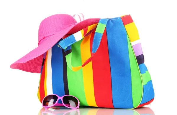 Beach bag with accessories isolated on white — Stock Photo, Image