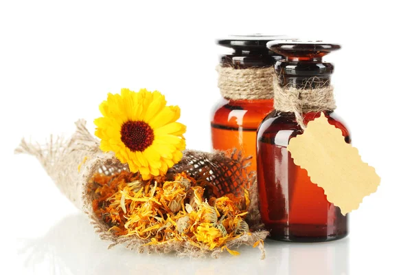 Medicine bottles and calendula, isolated on white — Stock Photo, Image