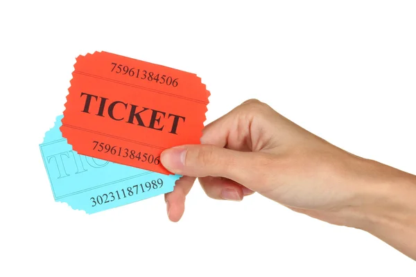 Mano della donna in possesso di un colorato biglietti su sfondo bianco primo piano — Foto Stock