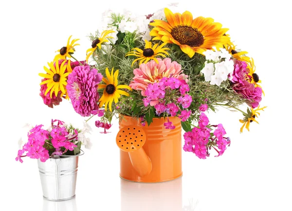 Beautiful bouquet of bright flowers in bailer isolated on white — Stock Photo, Image