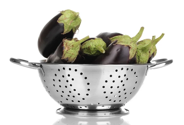 Fresh eggplants in colander isolated on white — Stock Photo, Image