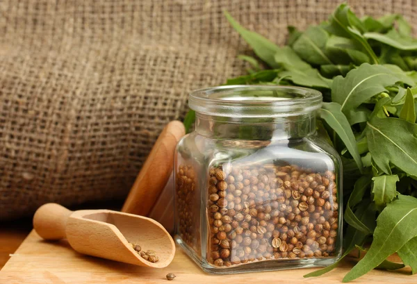 Jar of coriander seeds with rocket on canvas background close-up — Stock Photo, Image