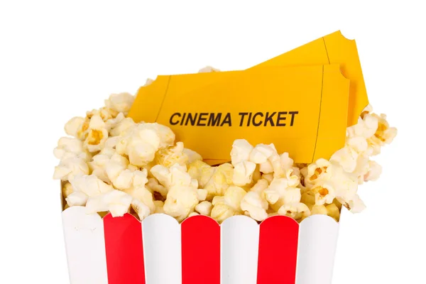 Classic box of popcorn and cinema tickets isolated on white — Stock Photo, Image