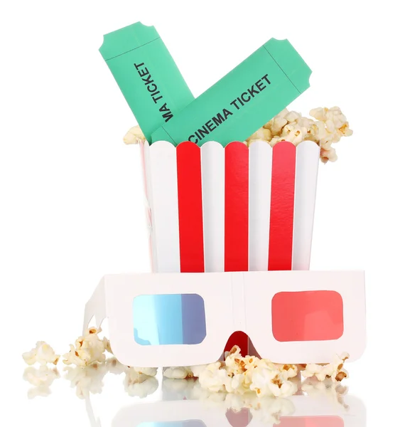 Popcorn with glasses and tickets isolated on white — Stock Photo, Image