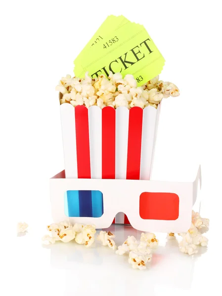 Popcorn with glasses and tickets isolated on white — Stock Photo, Image