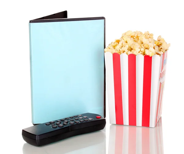 Popcorn z panelu sterowania tv i dysku na białym tle — Zdjęcie stockowe