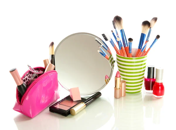 Cosmetics near mirror isolated on white — Stock Photo, Image