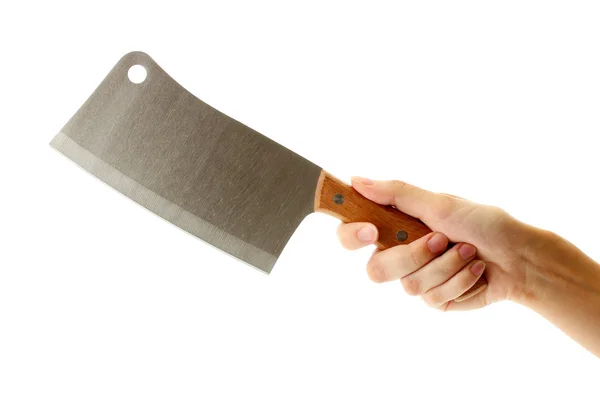 Woman's hand holds a meat cleaver on white background close-up — Stockfoto