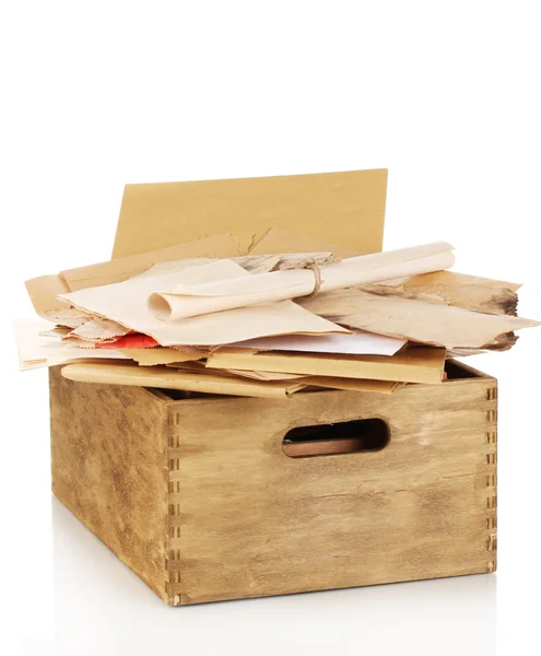 Wooden crate with papers and letters isolated on white — Stock Photo, Image