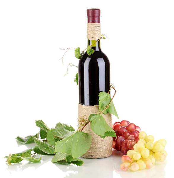 Láhev vína s hroznové listy izolované na bílém — Stock fotografie