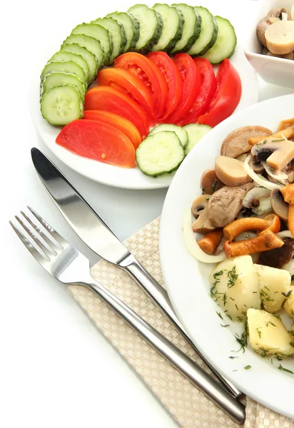 Roast chicken cutlet with boiled potatoes and mushrooms on plate, isolated — Stock Photo, Image