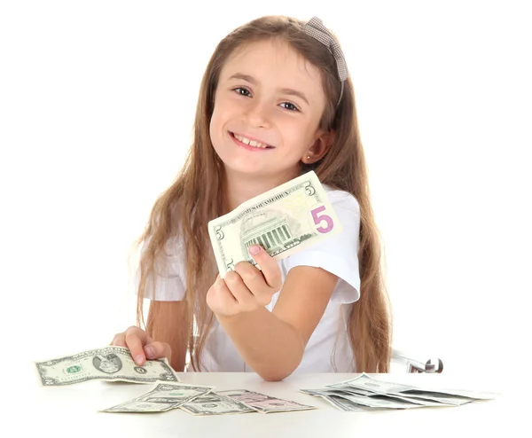 Beautiful little girl with money, isolated on white — Stock Photo, Image