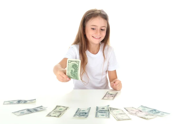 Beautiful little girl with money, isolated on white — Stock Photo, Image