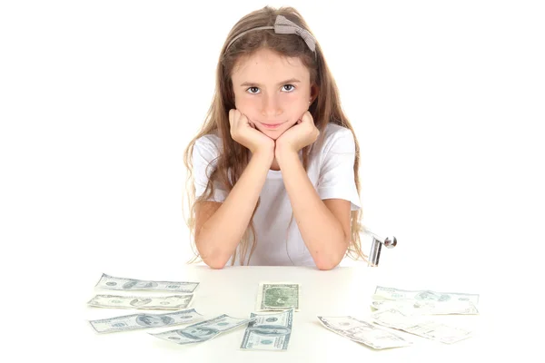 Beautiful little girl with money, isolated on white — Stock Photo, Image