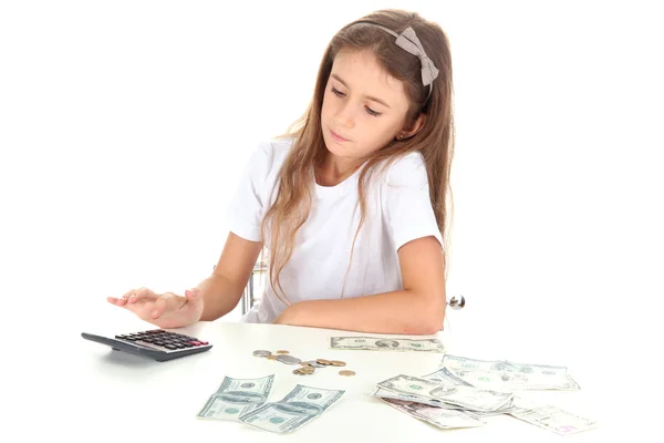 Beautiful little girl with money, isolated on white — Stock Photo, Image