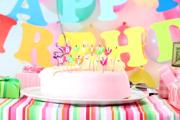 Sweet birthday with candles cake on plate — Stock Photo, Image