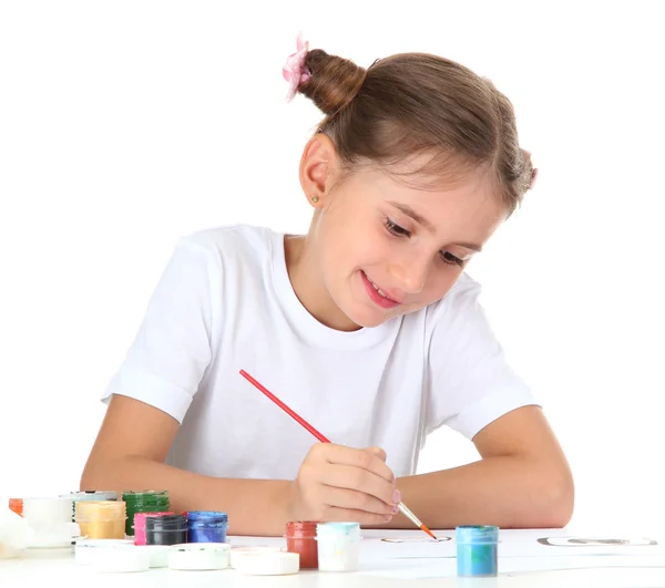 Linda niña pintando un cuadro, aislado en blanco — Foto de Stock