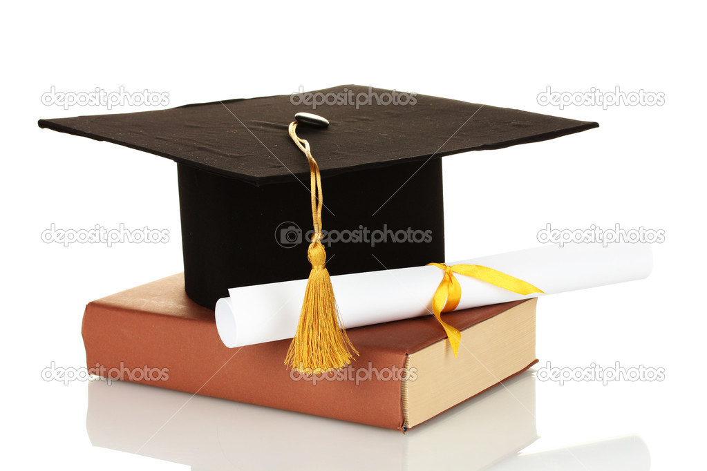 Grad hat and diploma with book isolated on white