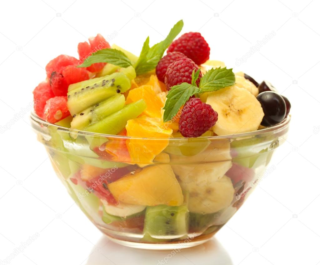 fresh fruits salad in bowl isolated on white