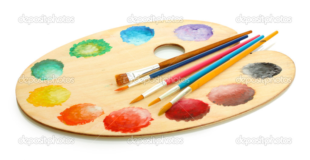 wooden art palette with paint and brushes isolated on white